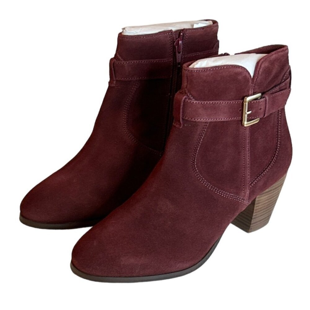 Diba Women's Sleek Bootie Burgundy Suede Buckle Stacked Heel LeatherSize 8.5 NWT